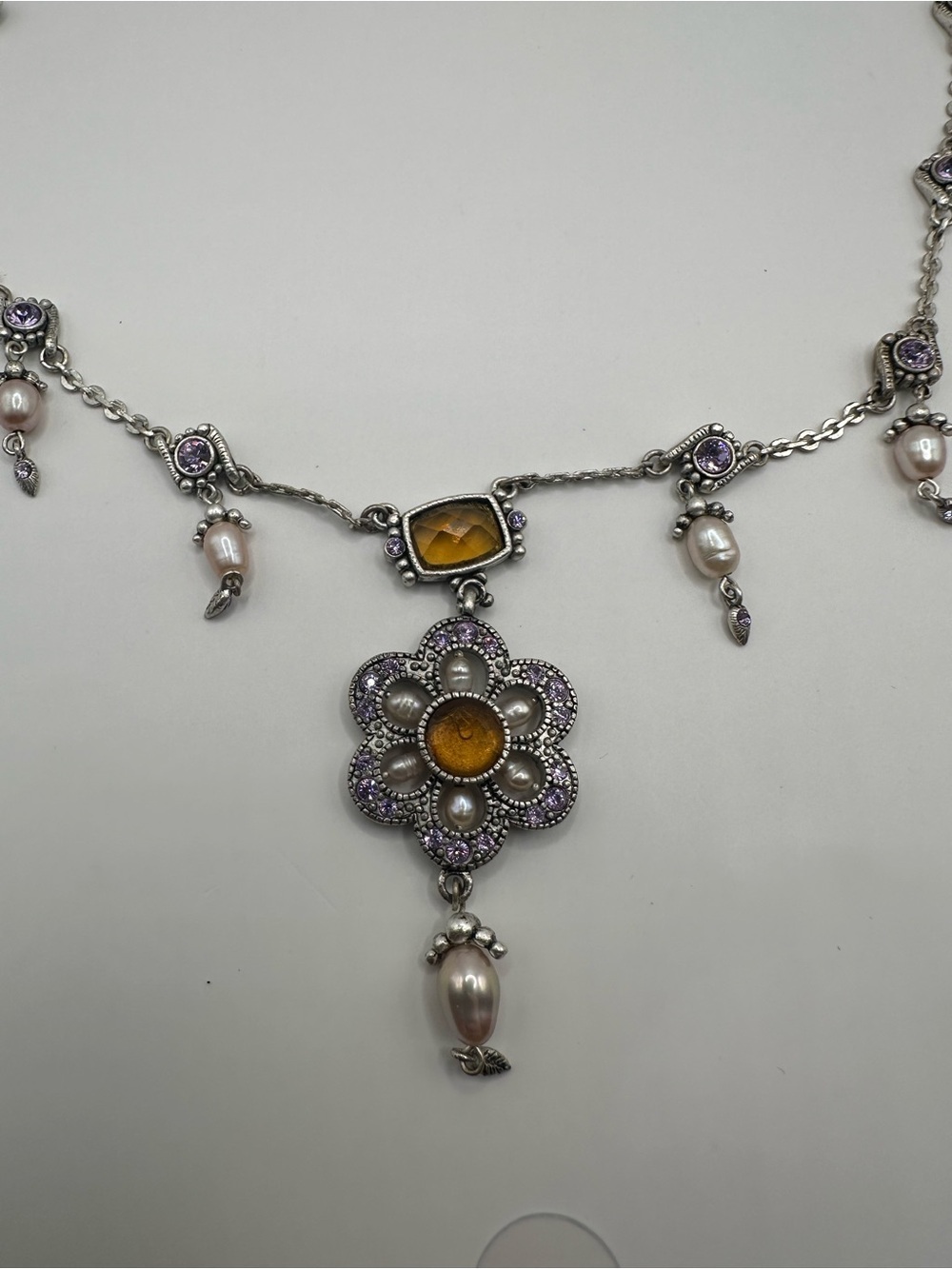 Vintage Style Amber Purple Rhinestone Pearl Floral Statement Drop Necklace